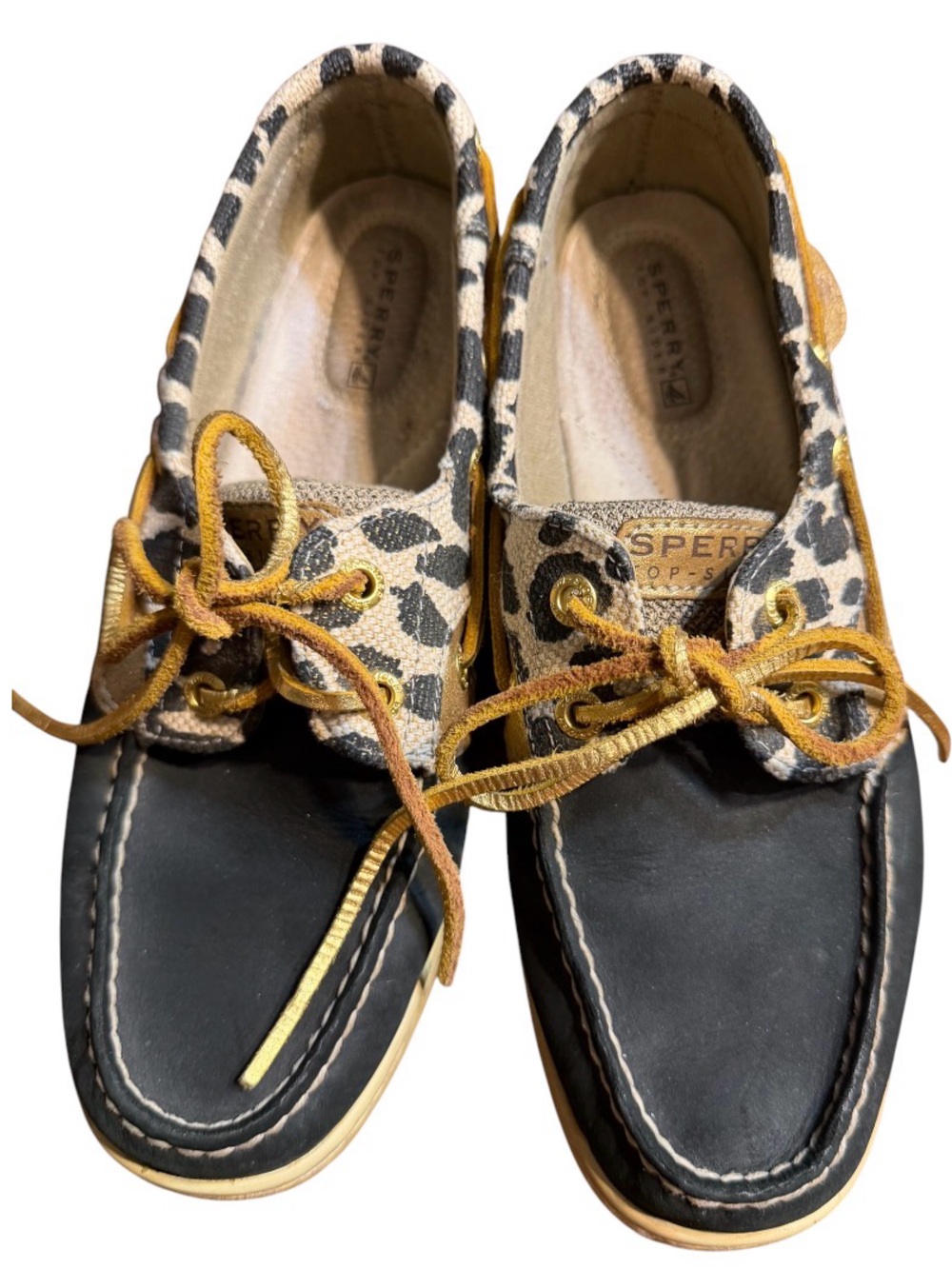 Sperry Black Leather Boat Shoes with Leopard Trim and Gold Laces size 7.5